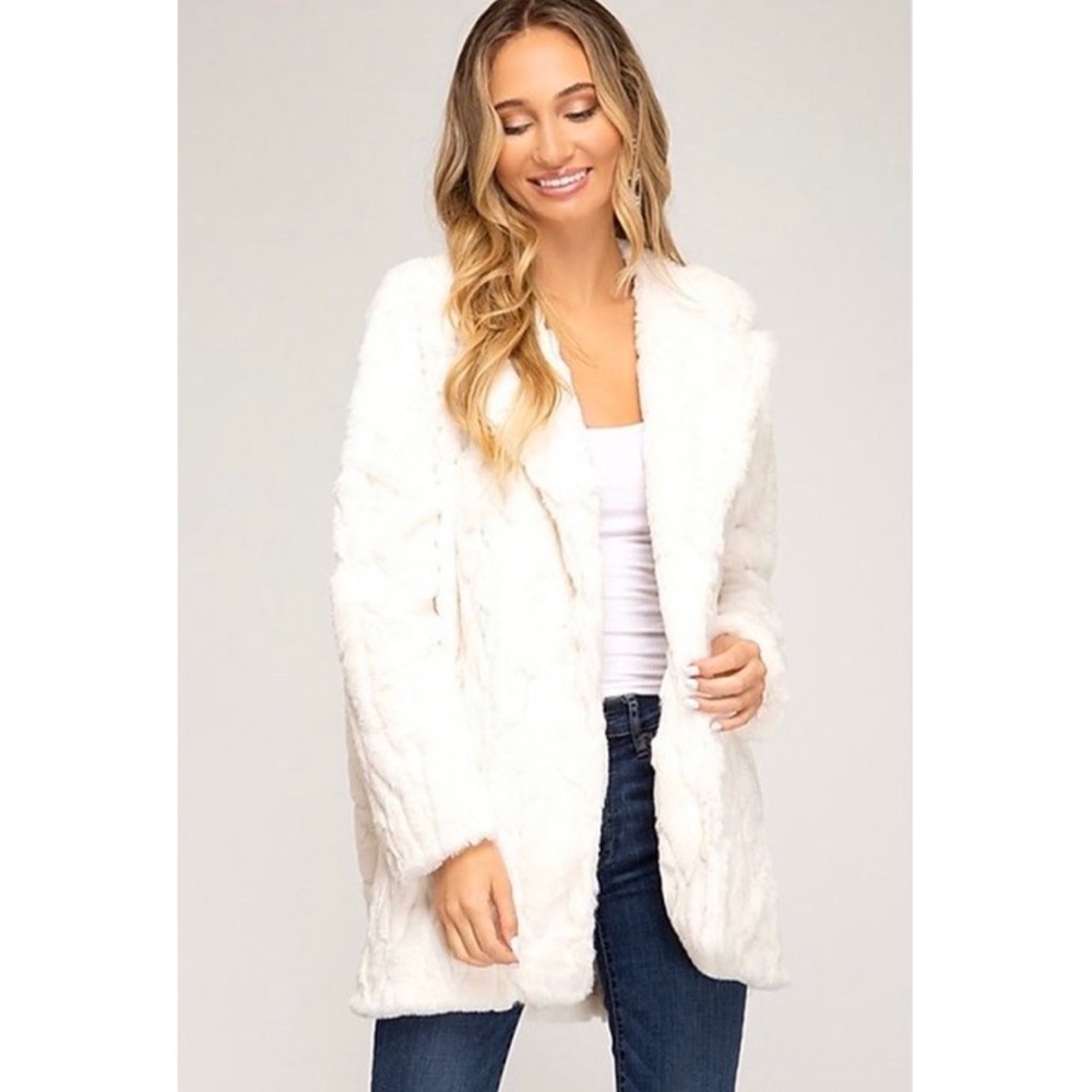 Cream Fur Lapel Open Cardigan
